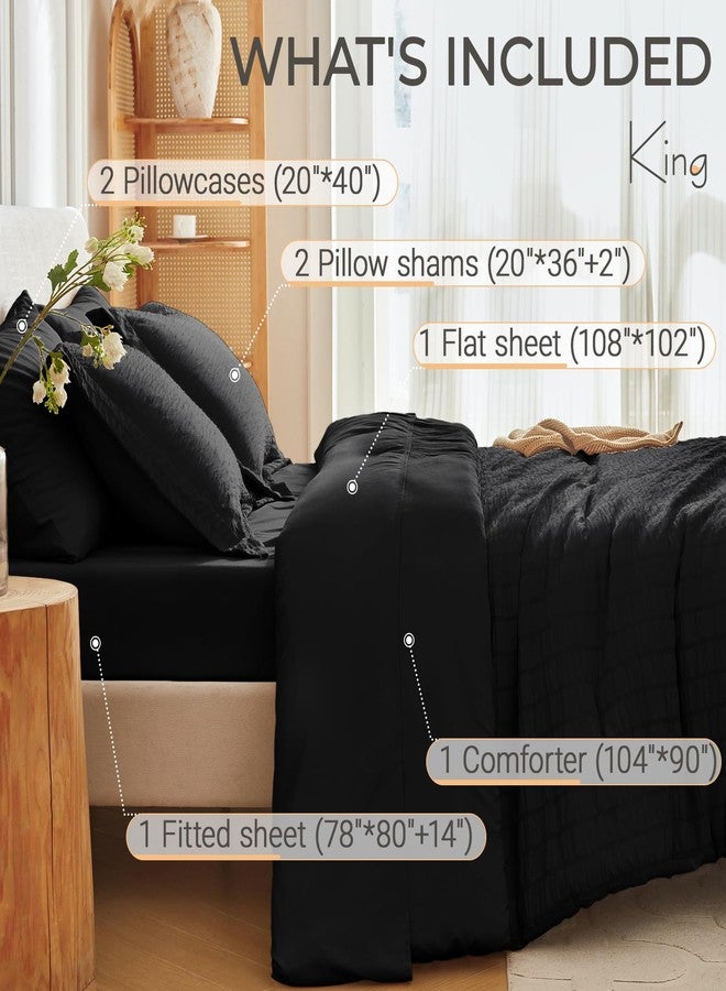 MUXHOMO 7 Pieces King Comforter Set, Seersucker Bed in a Bag King Size, All Season Luxury Bedding Set with Comforter, Flat Sheet, Fitted Sheet, Pillowcases & Shams, Black - Image 4