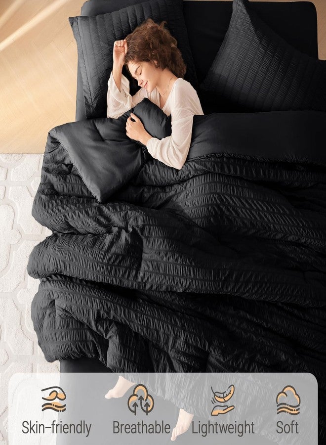 MUXHOMO 7 Pieces King Comforter Set, Seersucker Bed in a Bag King Size, All Season Luxury Bedding Set with Comforter, Flat Sheet, Fitted Sheet, Pillowcases & Shams, Black - Image 2