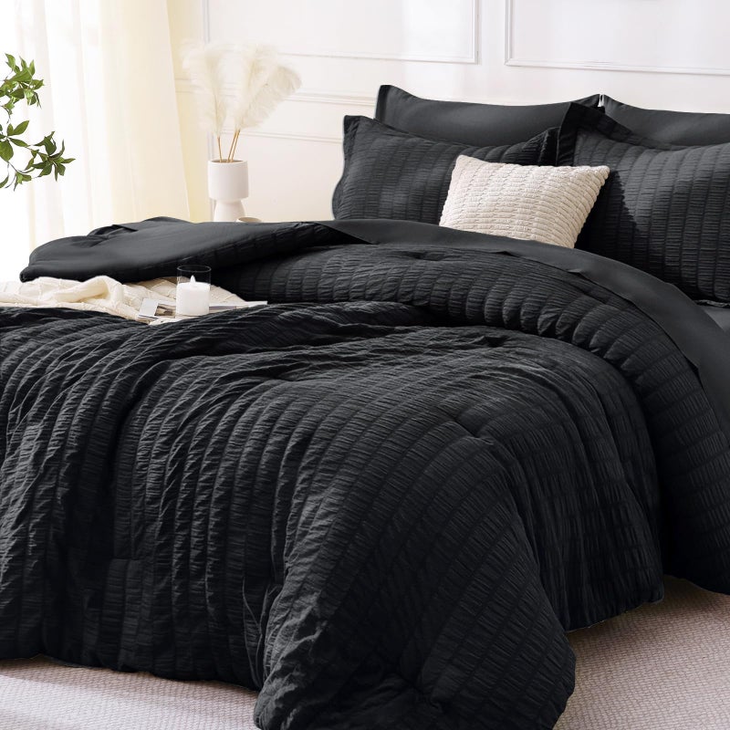 MUXHOMO 7 Pieces King Comforter Set, Seersucker Bed in a Bag King Size, All Season Luxury Bedding Set with Comforter, Flat Sheet, Fitted Sheet, Pillowcases & Shams, Black - Image 1