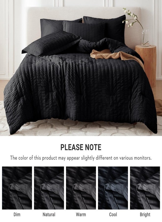 MUXHOMO 7 Pieces King Comforter Set, Seersucker Bed in a Bag King Size, All Season Luxury Bedding Set with Comforter, Flat Sheet, Fitted Sheet, Pillowcases & Shams, Black - Image 5