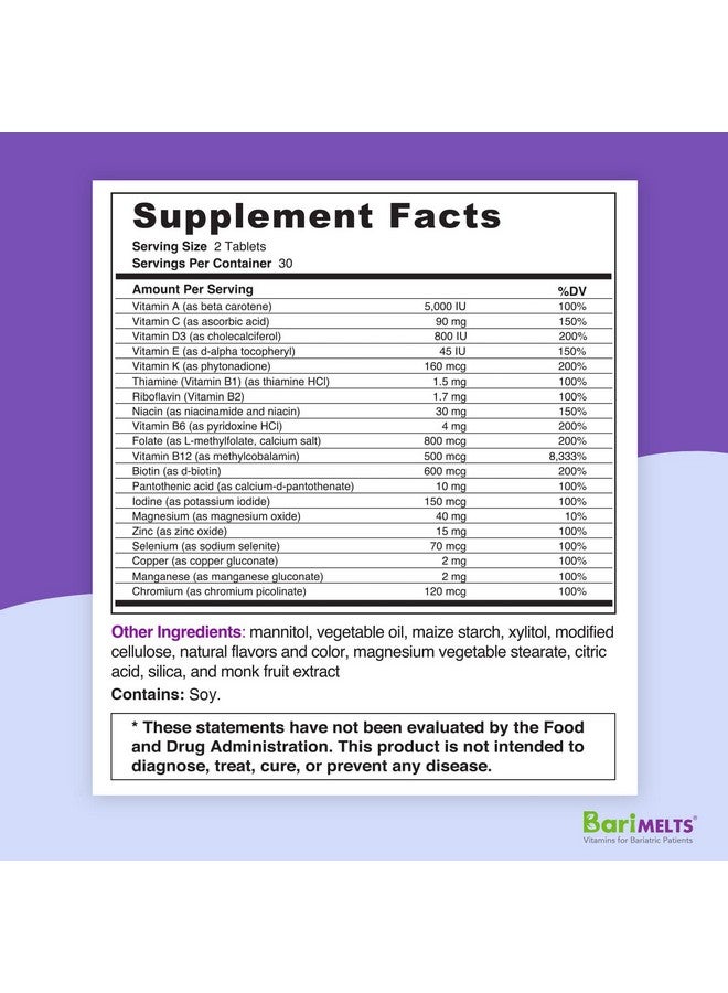 BariMelts Multivitamin Dissolvable Bariatric Vitamins Natural Fruit Flavor 60 Fast Melting Tablets - Image 3