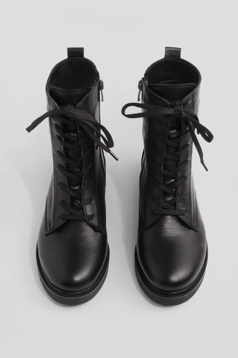 MARJIN Women Genuine Leather Combat Boots Lace-Up Zippered Boots