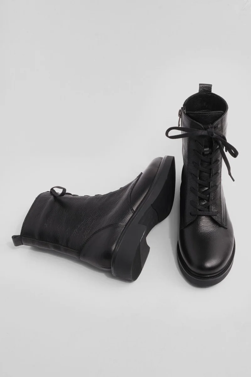 MARJIN Women Genuine Leather Combat Boots Lace-Up Zippered Boots