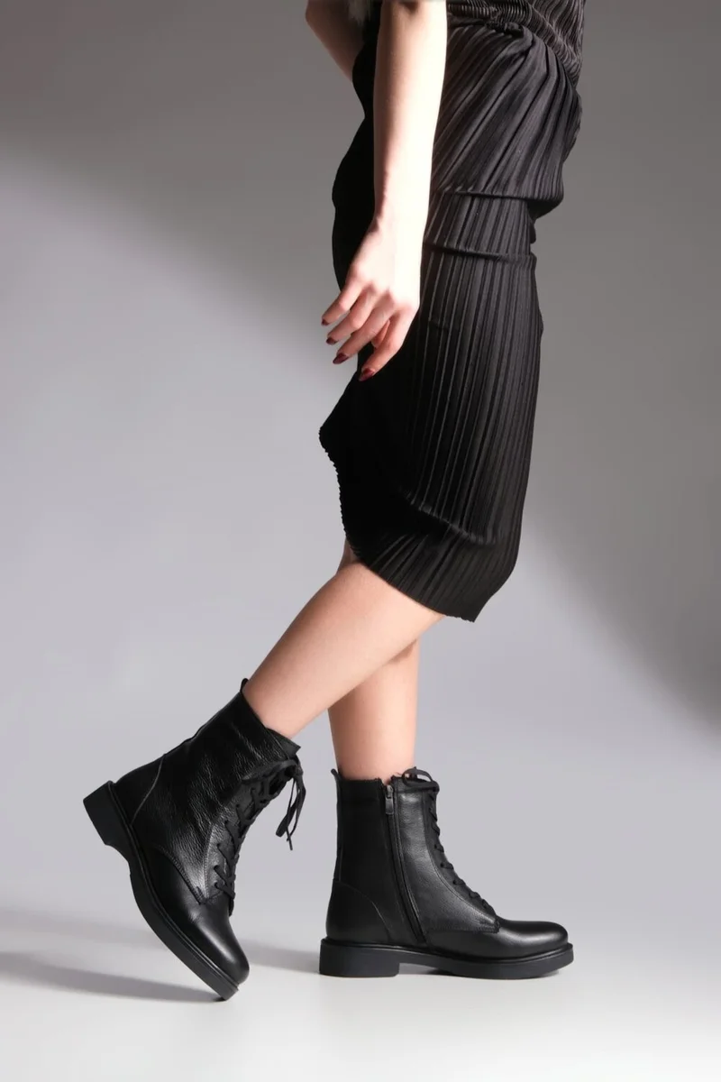 MARJIN Women Genuine Leather Combat Boots Lace-Up Zippered Boots