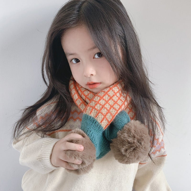 Cute Knitted Baby Winter Scarf with Pompoms Plaid beige  - Image 3