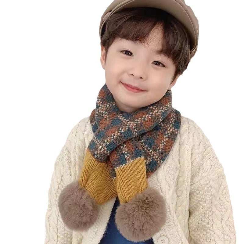 Cute Knitted Baby Winter Scarf with Pompoms Plaid beige  - Image 2