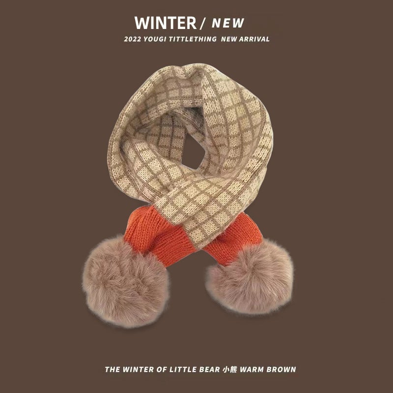 Cute Knitted Baby Winter Scarf with Pompoms Plaid beige  - Image 1