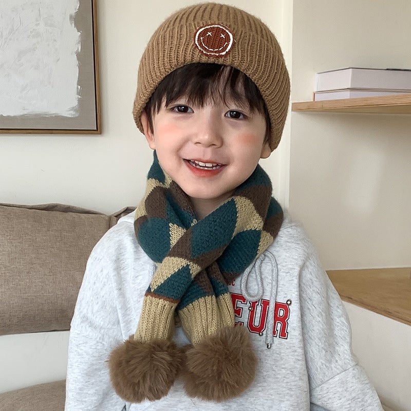 Cute Knitted Baby Winter Scarf with Pompoms Plaid beige  - Image 4