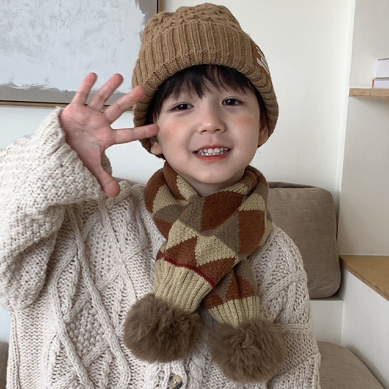 Cute Knitted Baby Winter Scarf with Pompoms Plaid beige  - Image 5