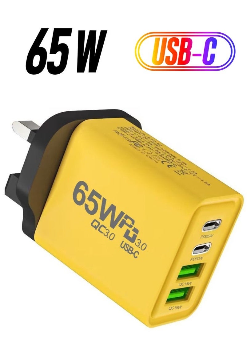65W Type C Charger, Super Fast GaN Wall Charger with 2 PD USB C 2 QC USB A Laptop Charger, 4-Port Compact Foldable UK Plug Adaptor for MacBook Air Samsung iPhone iPad Galaxy Huawei Xiaomi and More