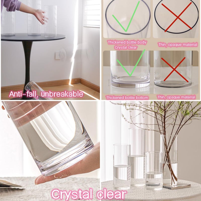 Liotww Acrylic Cylinder Clear Vases, Tall Large Plastic Flower Vase for Bouquet, Unbreakable Hurricane Vases Set of 3 for Centerpieces (D 6", D 4.8", D 4" + 3 Holder) - Image 2
