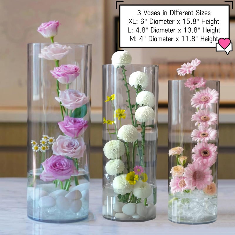 Liotww Acrylic Cylinder Clear Vases, Tall Large Plastic Flower Vase for Bouquet, Unbreakable Hurricane Vases Set of 3 for Centerpieces (D 6", D 4.8", D 4" + 3 Holder) - Image 3