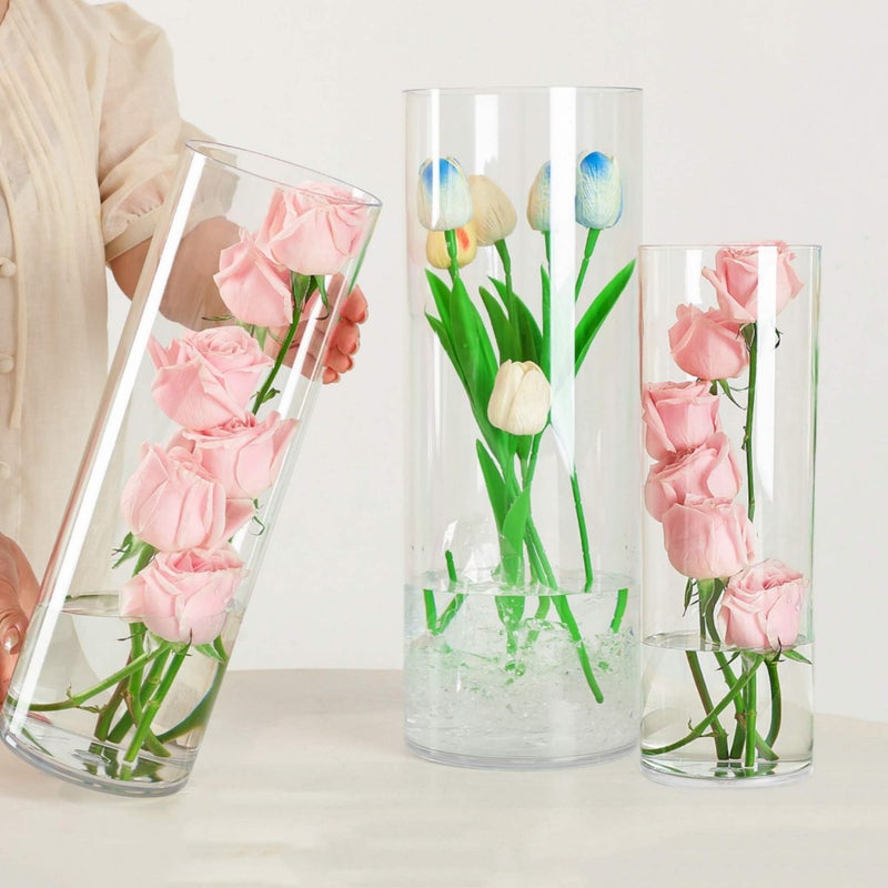 Liotww Acrylic Cylinder Clear Vases, Tall Large Plastic Flower Vase for Bouquet, Unbreakable Hurricane Vases Set of 3 for Centerpieces (D 6", D 4.8", D 4" + 3 Holder) - Image 1