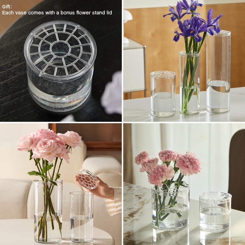 Liotww Acrylic Cylinder Clear Vases, Tall Large Plastic Flower Vase for Bouquet, Unbreakable Hurricane Vases Set of 3 for Centerpieces (D 6", D 4.8", D 4" + 3 Holder) - Image 5