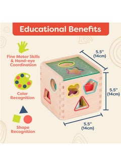 B. Toys Wonder Cube Developmental Toy Wooden Shape Sorter 9 Colorful Shapes Educational Toy For Toddlers, Kids 18 Months +  - Image 4