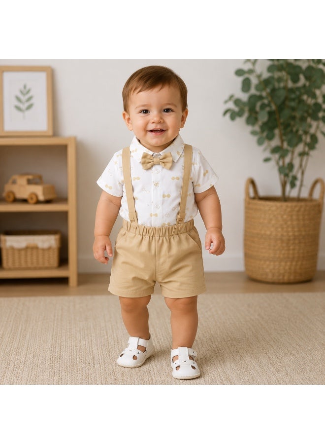 Baby Boy's White Collared Romper, Khaki Shorts & Suspenders Set - Image 3