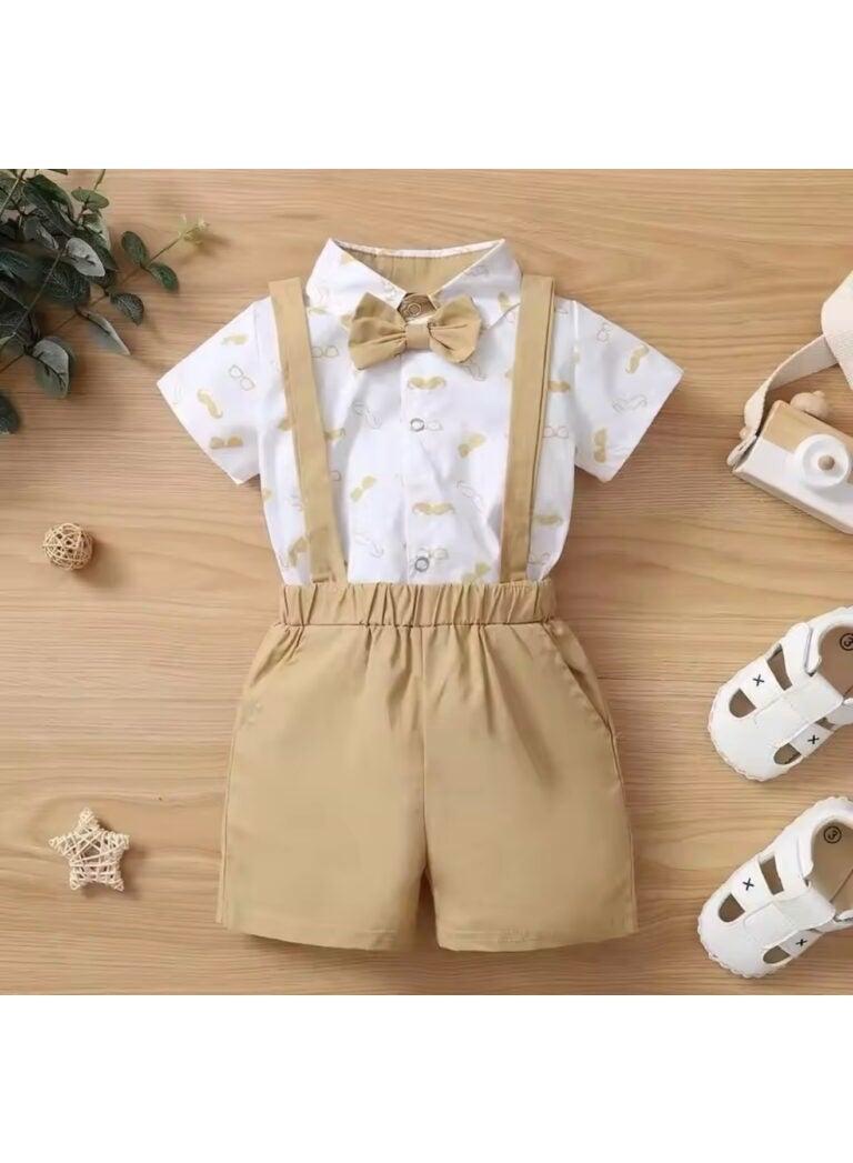 Baby Boy's White Collared Romper, Khaki Shorts & Suspenders Set - Image 2