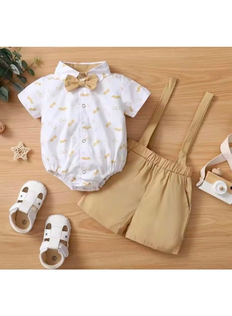 Baby Boy's White Collared Romper, Khaki Shorts & Suspenders Set - Image 1