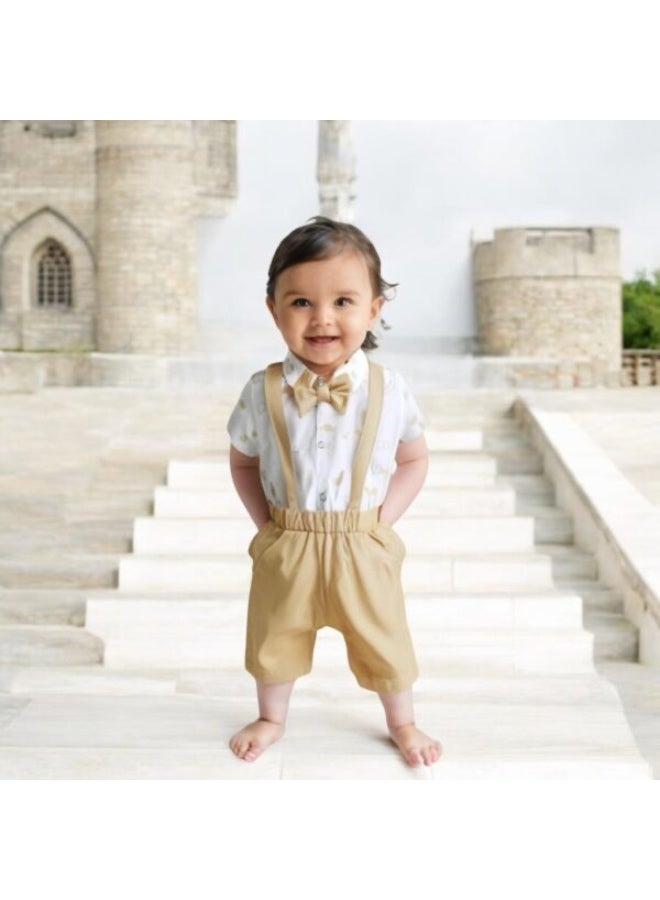 Baby Boy's White Collared Romper, Khaki Shorts & Suspenders Set - Image 4