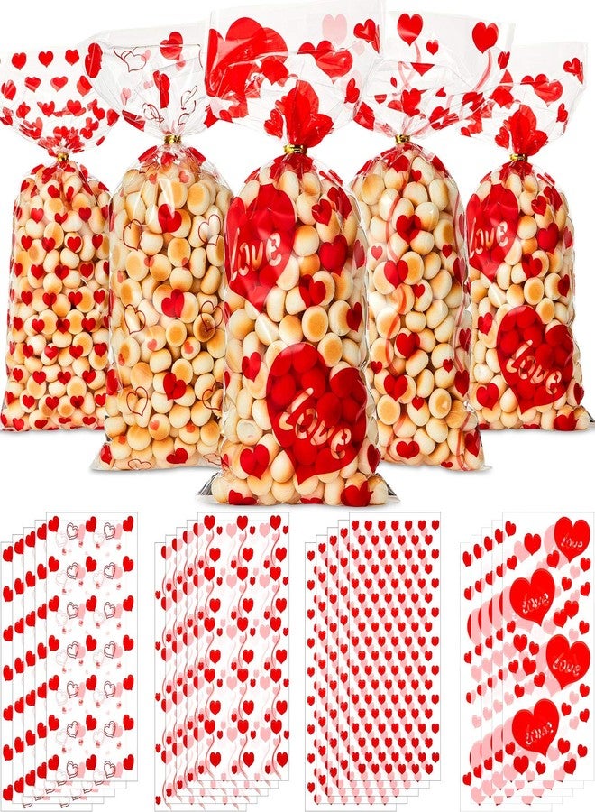 Zonon 200 Pcs Valentines Treat Bags Bulk, 4 Assorted Styles Heart Clear Plastic Valentine's Day Cellophane Bags for Candy Gifts with 200 Pieces Twist Ties for Party Favor Kids Class Holiday Supplies - Image 1