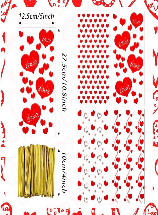 Zonon 200 Pcs Valentines Treat Bags Bulk, 4 Assorted Styles Heart Clear Plastic Valentine's Day Cellophane Bags for Candy Gifts with 200 Pieces Twist Ties for Party Favor Kids Class Holiday Supplies - Image 2