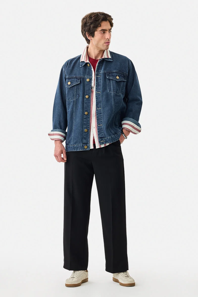 سنيتش Dark Blue Solid Long Sleeve Regular Fit Streetwear Jacket