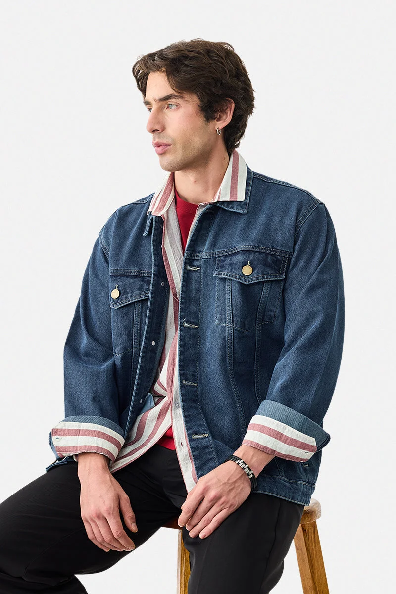 سنيتش Dark Blue Solid Long Sleeve Regular Fit Streetwear Jacket