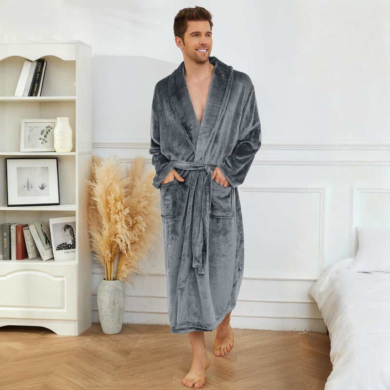 U2SKIIN Mens Fleece Robe Plush Collar Shawl Bathrobe(Grey,S/M) - Image 3