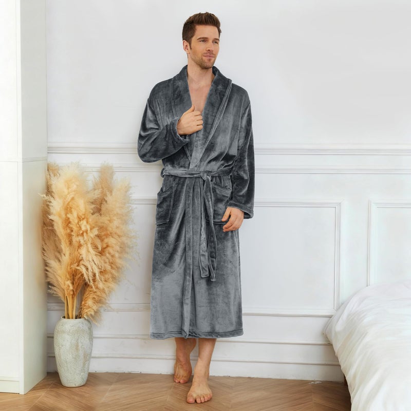 U2SKIIN Mens Fleece Robe Plush Collar Shawl Bathrobe(Grey,S/M) - Image 4