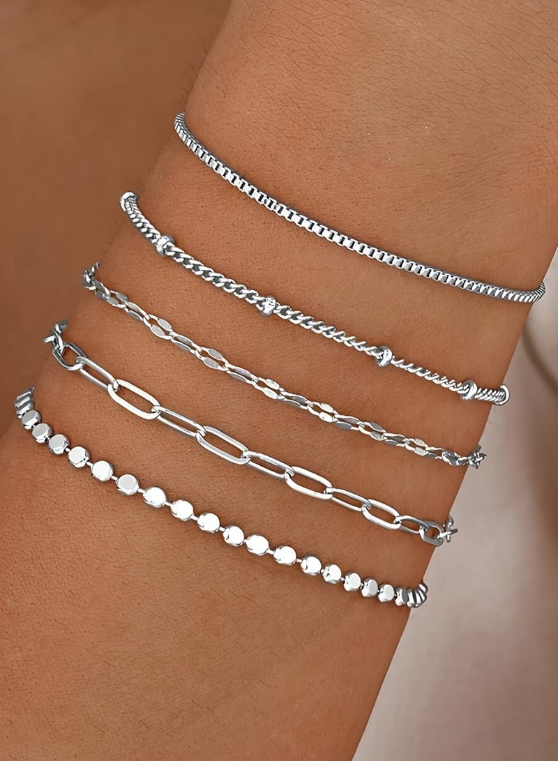 Mordely 5 Pack Chain Bracelets for Women, Fashion Dainty Plated Satellite Bracelets, Adjustable Thin Stackable Paperclip Link Bracelets for Women  - Image 1