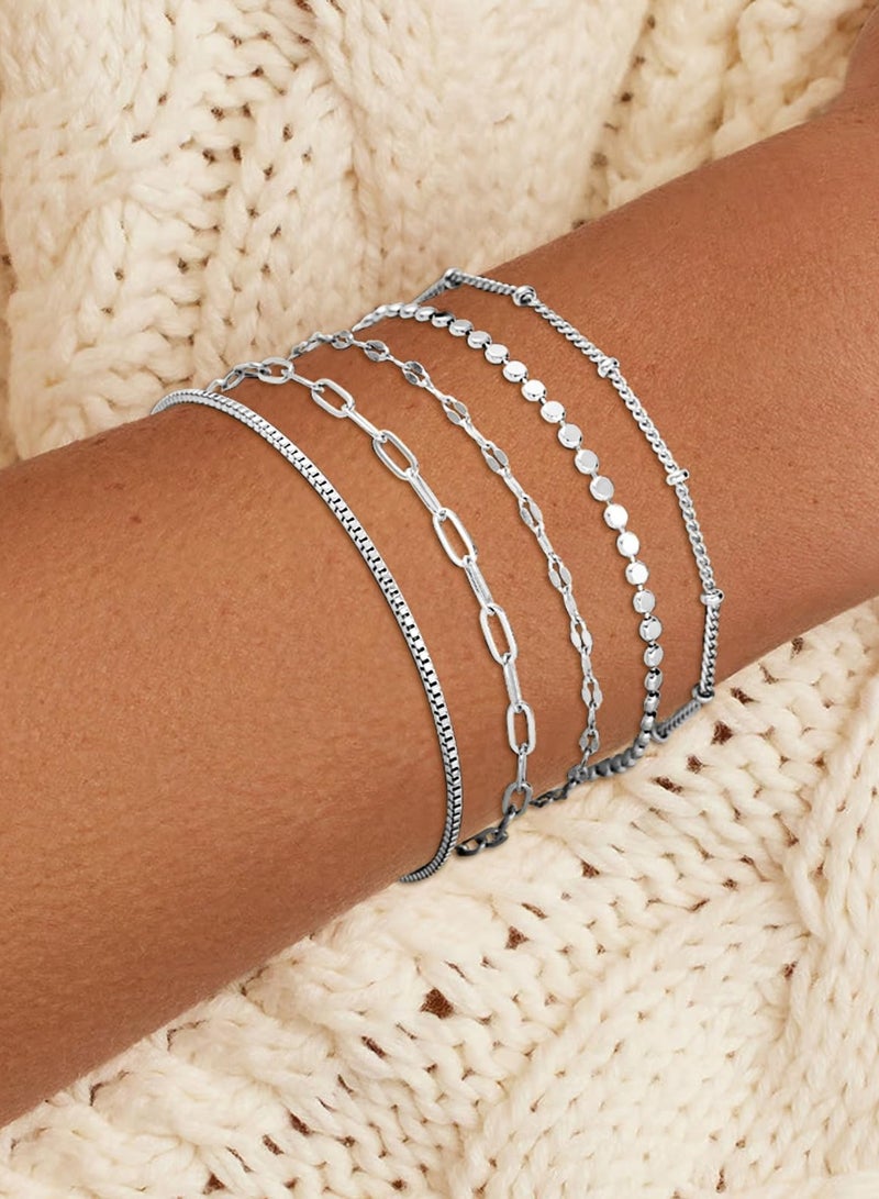 Mordely 5 Pack Chain Bracelets for Women, Fashion Dainty Plated Satellite Bracelets, Adjustable Thin Stackable Paperclip Link Bracelets for Women  - Image 2