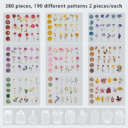 emmoolife 380 Pcs Pressed Flower Sticker Set Dried Flowers Themed Resin Journaling Stickers Floral Natural Botanical Fallen Leaves Decals for Scrapbook Supplies Bullet Junk Journal Bottles Planner Laptops - Image 3