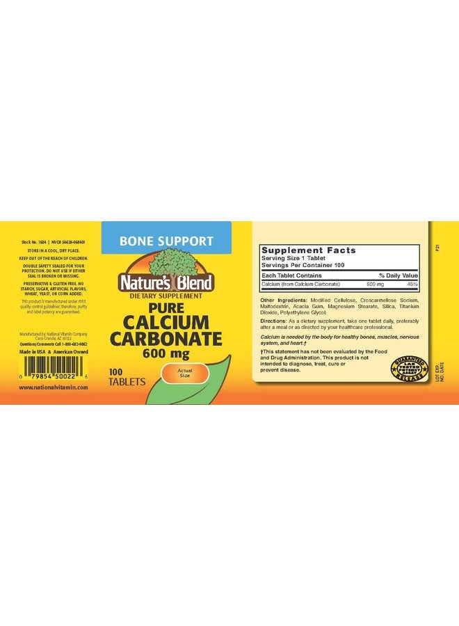 Nature's Blend كربونات الكالسيوم النقية من ناتشرز بليند 600 ملغ 100 قرص - Image 2