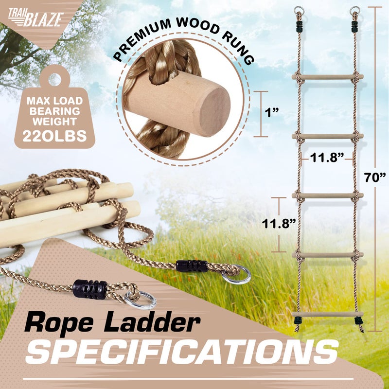 Trailblaze Wooden Rope Ladder for Kids - Playset Ladder for Ninja Warrior Obstacle Course Accessories | Rope Ladder for Treehouse Swing Set Bunk Bed | Playground Ninja Obstacles Swing Hanging Ladder - Image 4