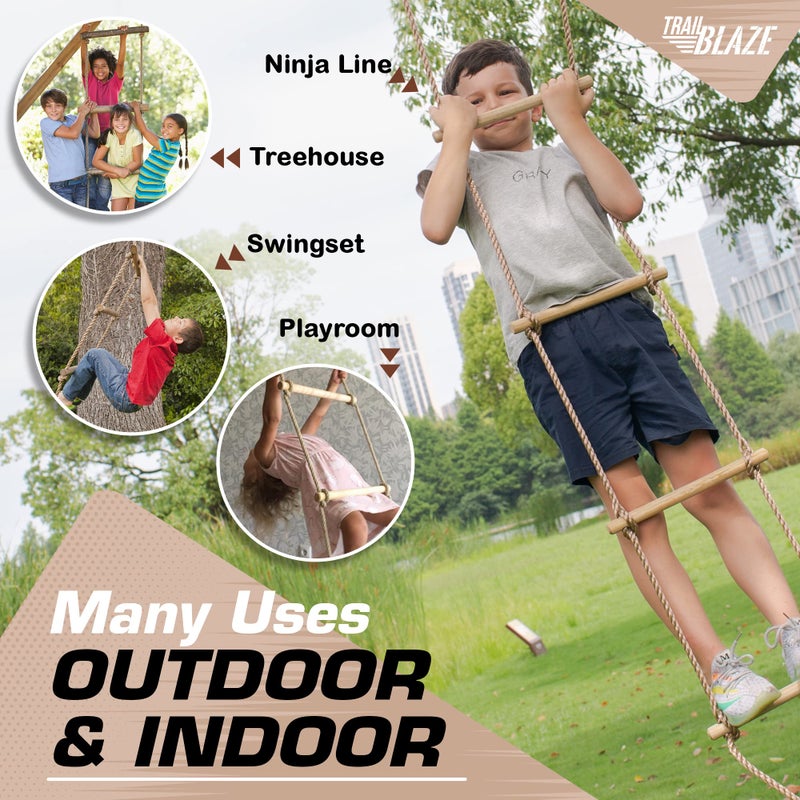 Trailblaze Wooden Rope Ladder for Kids - Playset Ladder for Ninja Warrior Obstacle Course Accessories | Rope Ladder for Treehouse Swing Set Bunk Bed | Playground Ninja Obstacles Swing Hanging Ladder - Image 3