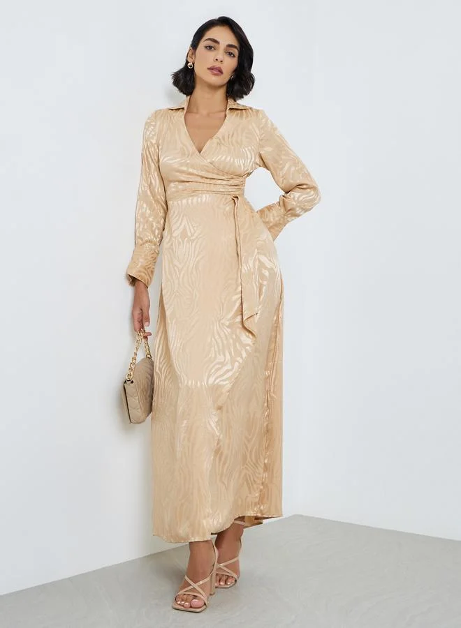 Beige Jacquard Open Collar Maxi Dress