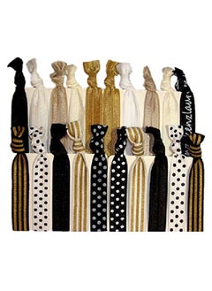 Hair Ties Ponytail Holders 20 Pack"Sophisticated" Black White Gold Dots Stripes No Crease Ouchless Elastic Styling Accessories Pony Tail Elastics Holder Ribbon Bands By