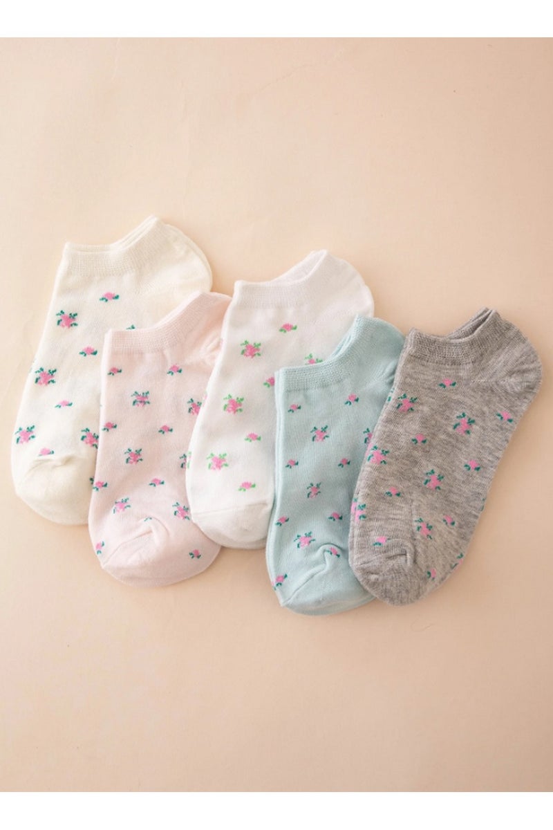 مجموعة مميزة من 5 أزواج جوارب كاحل نسائية مزينة بالورود – قماش قطني ناعم بألوان باستيل مع نقش ورود وردية - Image 3
