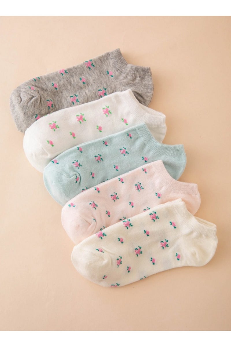 مجموعة مميزة من 5 أزواج جوارب كاحل نسائية مزينة بالورود – قماش قطني ناعم بألوان باستيل مع نقش ورود وردية - Image 2