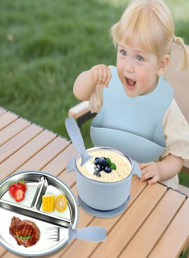 آي ميس يو طقم تغذية أطفال من الفولاذ المقاوم للصدأ مكون من 5 قطع، يتضمن أطباقًا وأوعية شفط للأطفال مع سيليكون قابل للإزالة، وشوك وملاعق ومريلة جيب للأطفال الصغار - Image 2