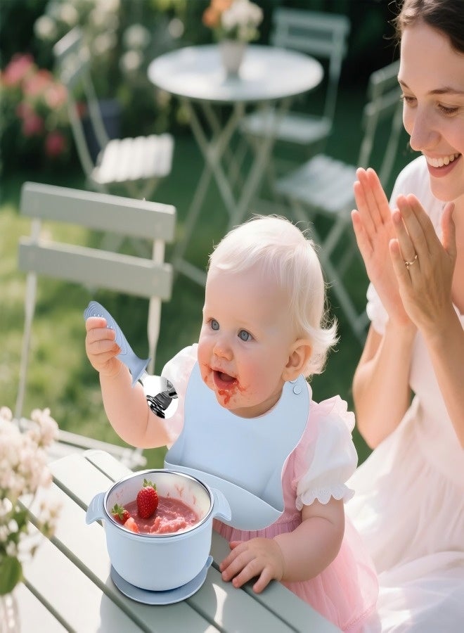 آي ميس يو طقم تغذية أطفال من الفولاذ المقاوم للصدأ مكون من 5 قطع، يتضمن أطباقًا وأوعية شفط للأطفال مع سيليكون قابل للإزالة، وشوك وملاعق ومريلة جيب للأطفال الصغار - Image 4