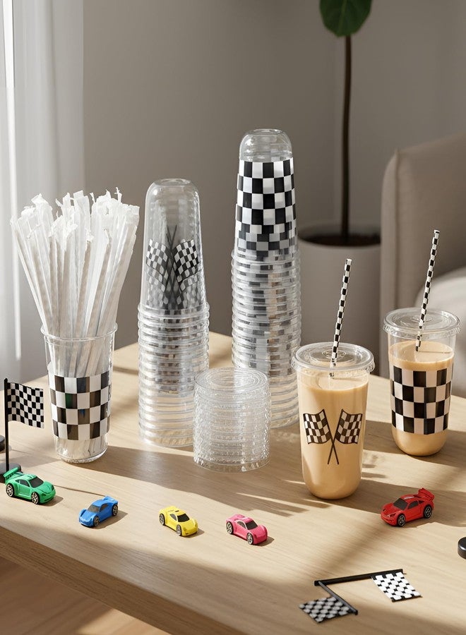 Ziliny 50 Sets 16oz Race Car Birthday Party Decorations Favors Checkered Racing Party Round Bottom Plastic Cups with Lids and Straws Disposable Clear White Black Checkered Flag Sports Drink Supplies - Image 2