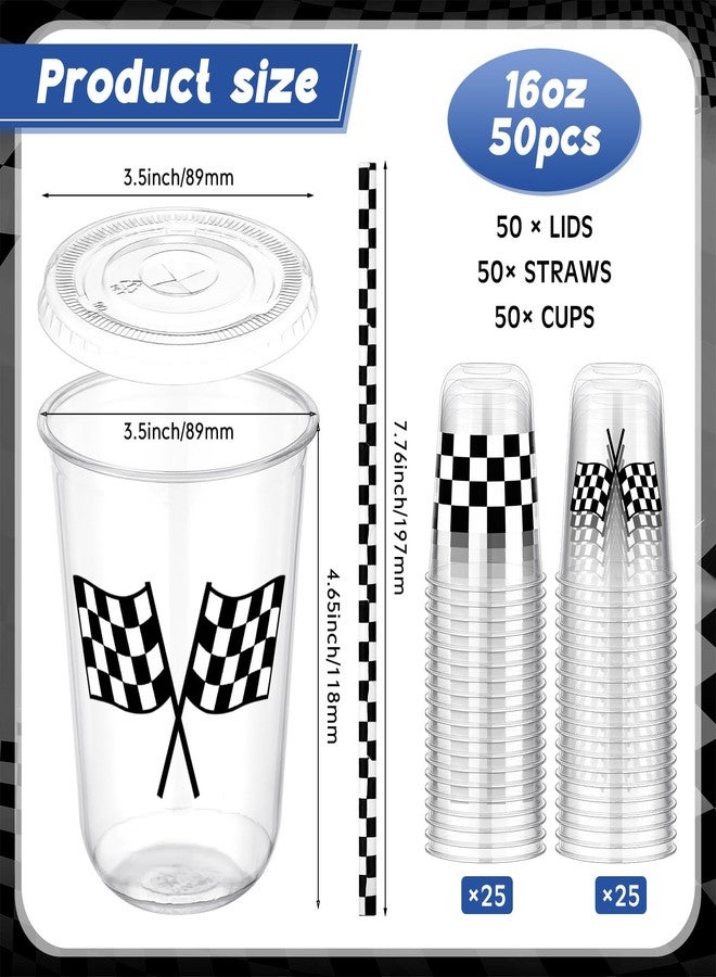 Ziliny 50 Sets 16oz Race Car Birthday Party Decorations Favors Checkered Racing Party Round Bottom Plastic Cups with Lids and Straws Disposable Clear White Black Checkered Flag Sports Drink Supplies - Image 3