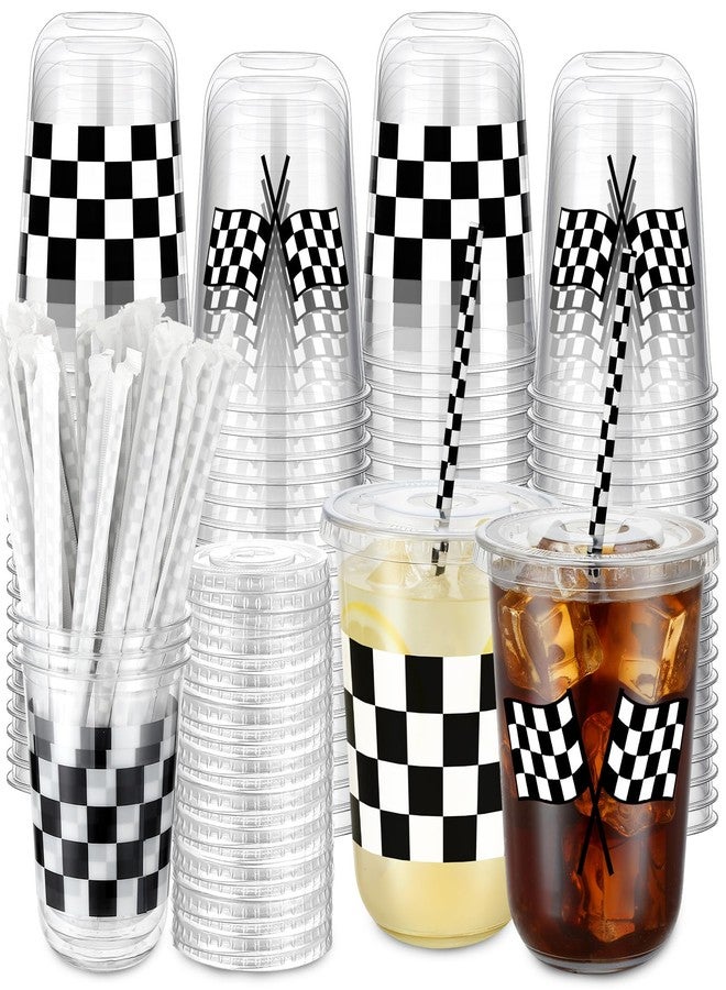 Ziliny 50 Sets 16oz Race Car Birthday Party Decorations Favors Checkered Racing Party Round Bottom Plastic Cups with Lids and Straws Disposable Clear White Black Checkered Flag Sports Drink Supplies - Image 1