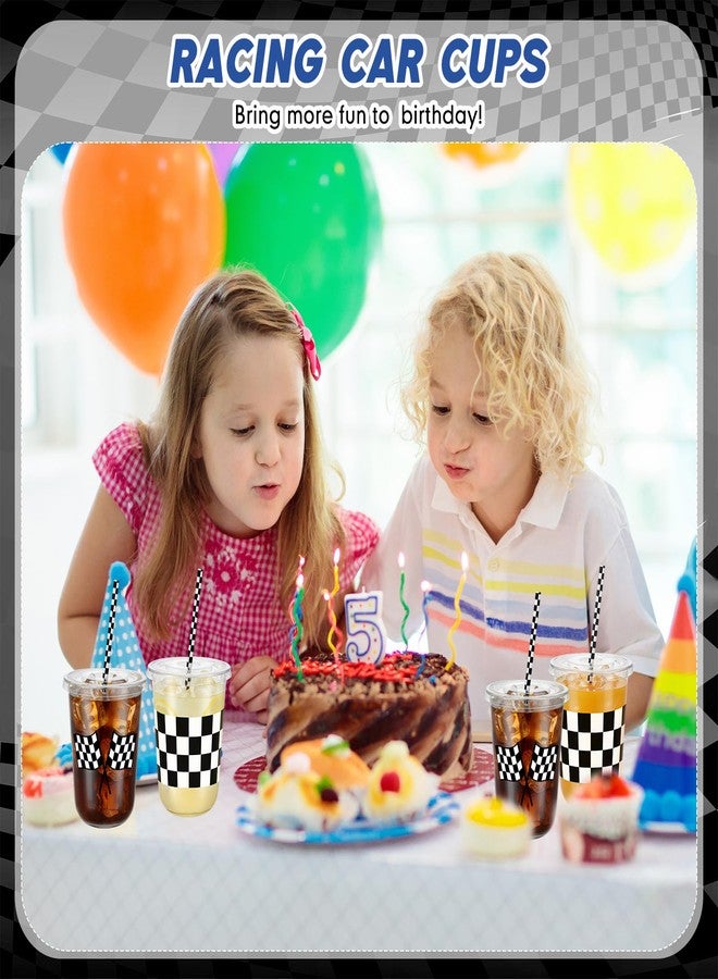 Ziliny 50 Sets 16oz Race Car Birthday Party Decorations Favors Checkered Racing Party Round Bottom Plastic Cups with Lids and Straws Disposable Clear White Black Checkered Flag Sports Drink Supplies - Image 5
