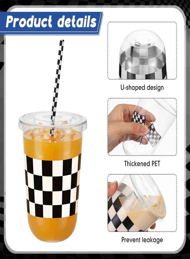 Ziliny 50 Sets 16oz Race Car Birthday Party Decorations Favors Checkered Racing Party Round Bottom Plastic Cups with Lids and Straws Disposable Clear White Black Checkered Flag Sports Drink Supplies - Image 4