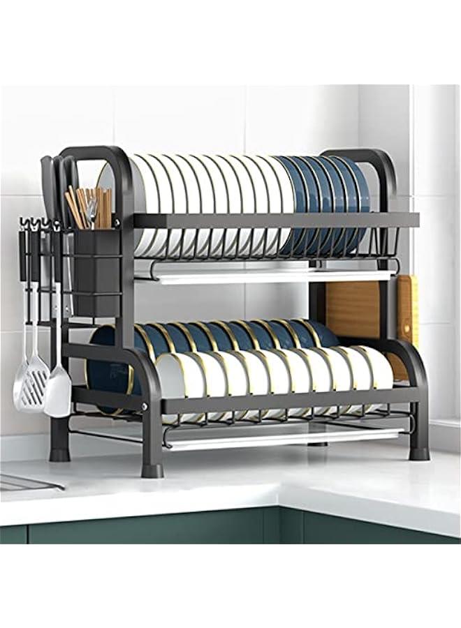 BWSJ Dish Rack Dish Drying Stand Dish Dryer Large Capacity Dish Drainer with Utensil Holder Knife Rack Cutting Board Holder Removable Drainboard for Kitchen Black 2Tier) - Image 1