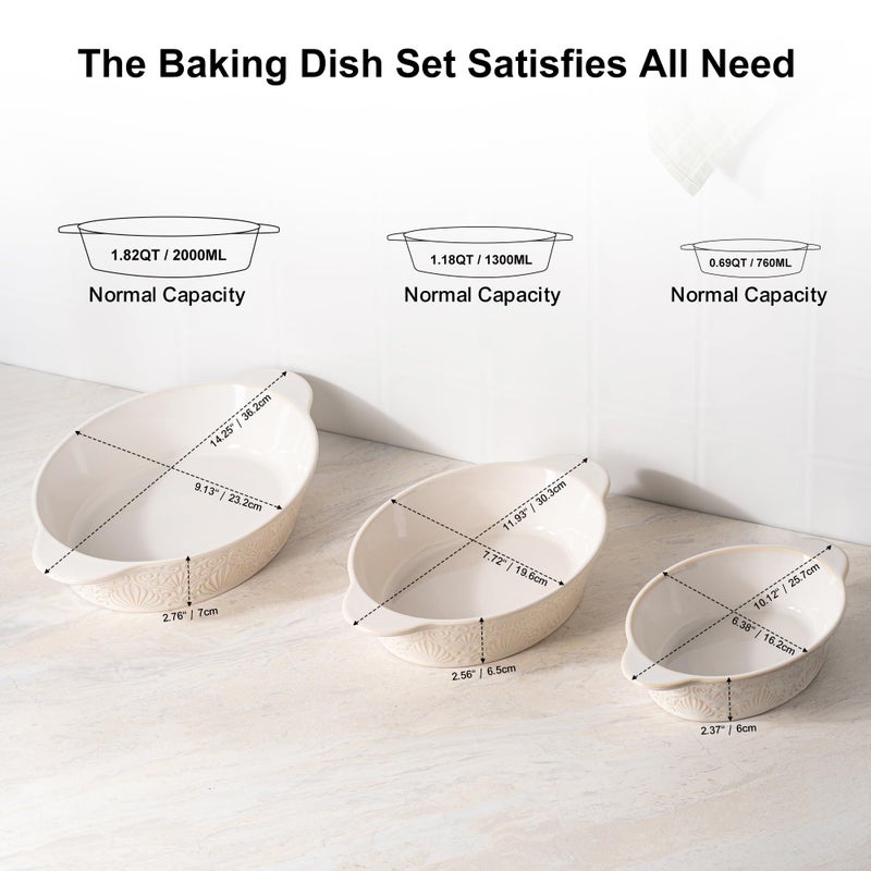 Dafuceramic Casserole Dishes for Oven Sets of 3, Ceramic Oval Baking Dish, Au Gratin Baking Pans with Handles for Roasting, Lasagna, Pie, Baking Meat & Vegetables (Beige White) - Image 2