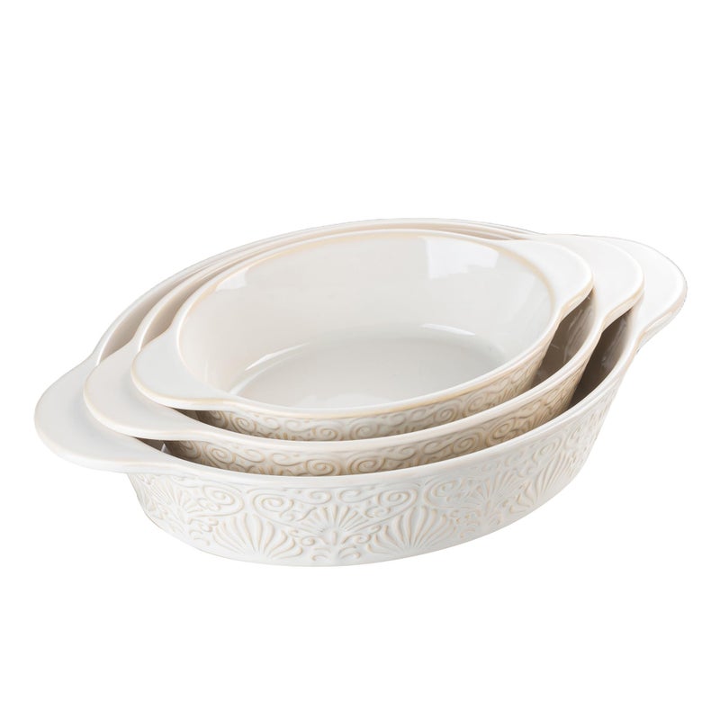 Dafuceramic Casserole Dishes for Oven Sets of 3, Ceramic Oval Baking Dish, Au Gratin Baking Pans with Handles for Roasting, Lasagna, Pie, Baking Meat & Vegetables (Beige White) - Image 1