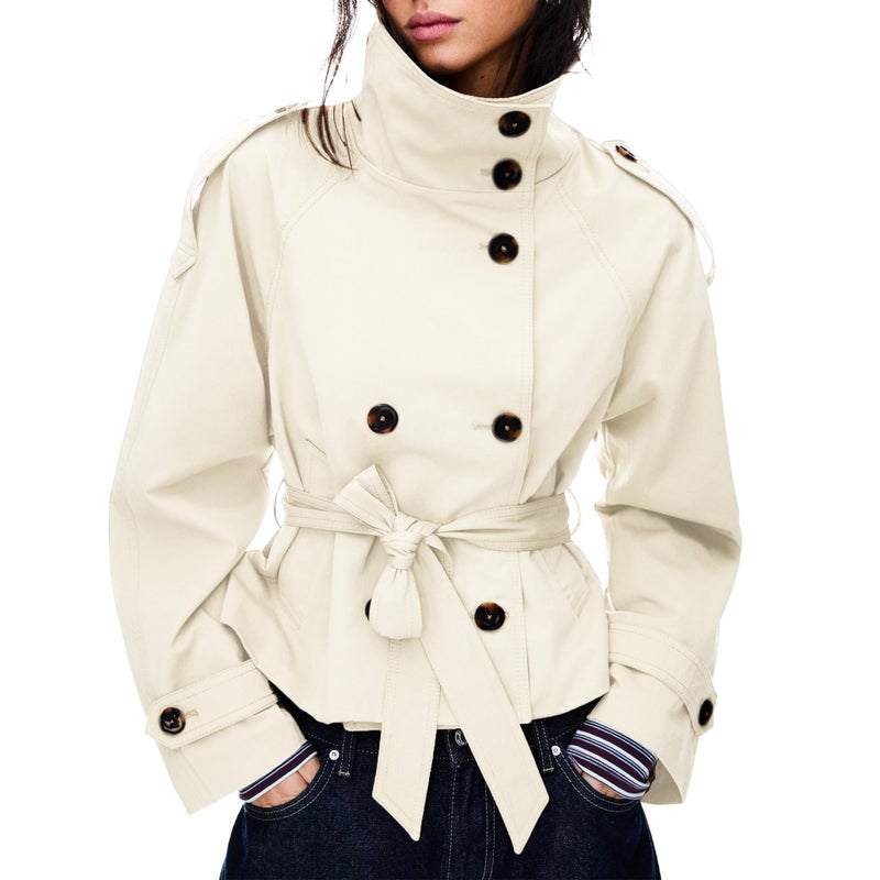 Maohao Women's Cropped Trench Coat Double Breasted Short Jacket High Collar Fall Winter Coats Trendy Outfit with Belt(Beige,XS) - Image 1